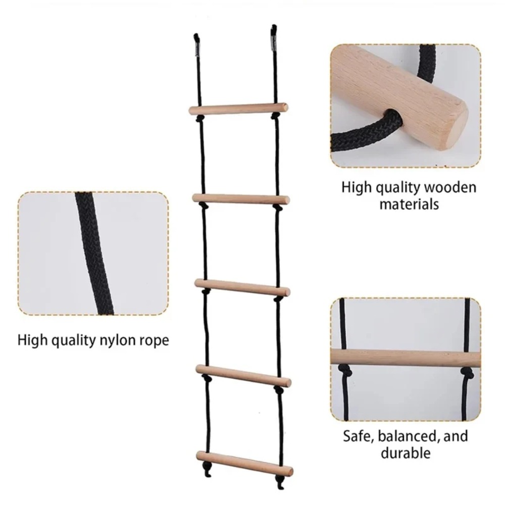 Kids Outdoor Swing Set - Children Climbing Rope Ladder Wooden Swing